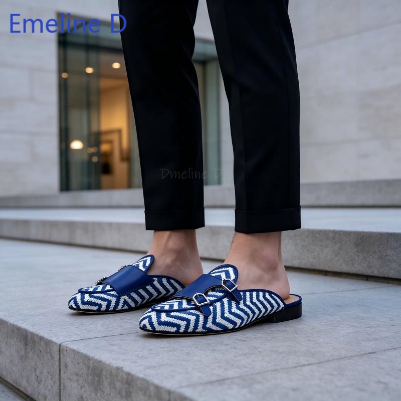 Men Shoes Loafers - Woven Textile Backless Loafer Mules Metal