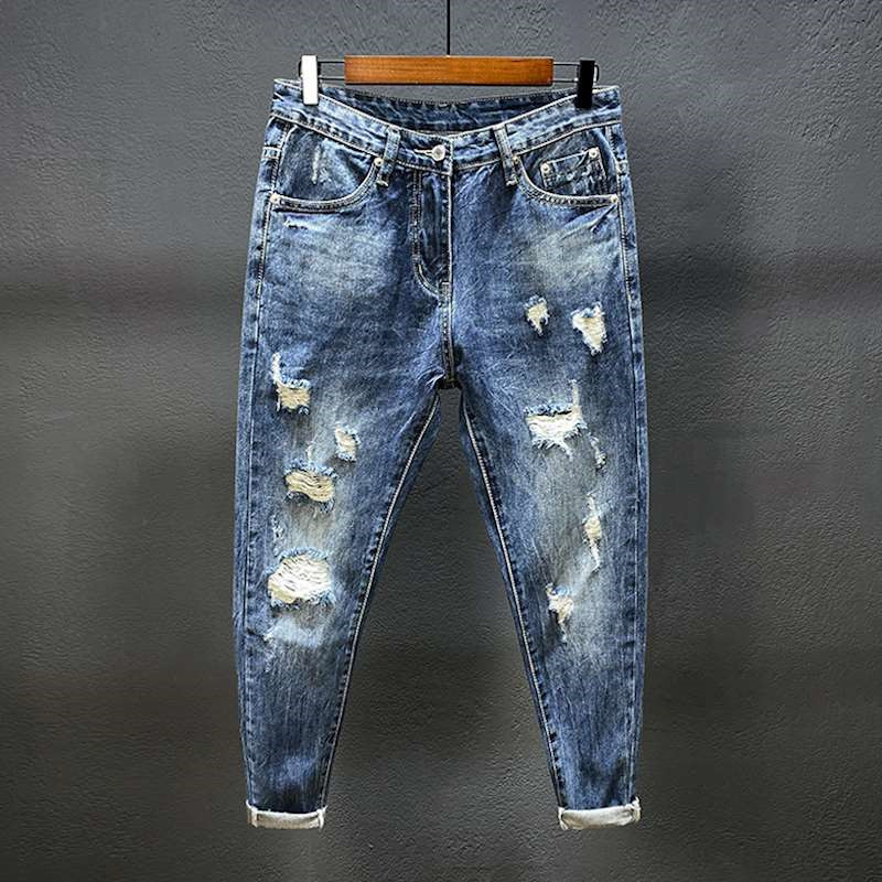 Nine-point jeans with holes fo - Men'S Shoes With Jeans ulasan dan harga